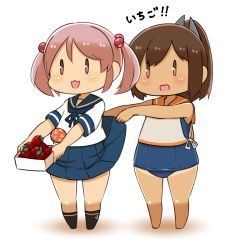 Rule 34 | 10s, 2girls, brown hair, capriccyo, chibi, clothes lift, food, fruit, i-401 (kancolle), kantai collection, multiple girls, one-piece swimsuit, ponytail, sazanami (kancolle), school swimsuit, school uniform, skirt, skirt lift, smile, strawberry, swimsuit, swimsuit under clothes, twintails