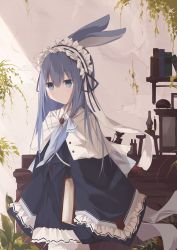 Rule 34 | 1girl, animal ears, black dress, blue eyes, blue hair, blue neckwear, blush, book, closed mouth, commentary request, dress, frilled hairband, frilled sleeves, frills, hair between eyes, hairband, highres, kushida you, long hair, long sleeves, original, pantyhose, rabbit ears, shelf, sleeves past fingers, sleeves past wrists, solo, striped clothes, striped hairband, very long hair, white hairband, white pantyhose, wide sleeves