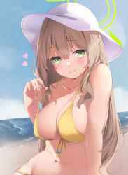 Rule 34 | 1girl, absurdres, bare shoulders, beach, bikini, blue archive, blue sky, blush, breasts, brown hair, cleavage, closed mouth, collarbone, day, front-tie bikini top, front-tie top, green eyes, halo, hat, heart, highres, large breasts, lifted by self, long hair, navel, noa0319, nonomi (blue archive), ocean, outdoors, ribbon, sky, smile, solo, strap lift, sun hat, swimsuit, upper body, very long hair, water, white hat, yellow bikini, yellow ribbon