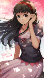 Rule 34 | 1girl, absurdres, alternate costume, amagi yukiko, black eyes, black hair, black shirt, blunt bangs, blurry, blurry background, breasts, camisole, cherry blossoms, commentary, cowboy shot, english commentary, english text, hair blowing, hairband, hand on own face, hand up, highres, jewelry, kuki tan, long hair, necklace, parted lips, persona, persona 4, pink skirt, puffy short sleeves, puffy sleeves, red hairband, shadow, shirt, short sleeves, sidelocks, sitting, skirt, solo
