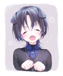 Rule 34 | 1girl, animal ears, black sweater, blue hair, blue shirt, blush, border, closed eyes, collared shirt, dark blue hair, dog ears, earclip, facing viewer, fangs, hands up, highres, hiodoshi ao, hololive, hololive dev is, jewelry, kemonomimi mode, long sleeves, mole, mole under mouth, necklace, nuinuniki, open mouth, portrait, ring, shirt, short hair, simple background, skin fangs, smile, solo, sweater, virtual youtuber, white border