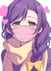 Rule 34 | 1girl, bow, braid, braided ponytail, duke (inu daimyou), green eyes, hair bow, heart, long hair, looking at viewer, love live!, love live! school idol project, mask, mouth mask, pink mask, purple hair, scarf, simple background, single braid, solo, tojo nozomi, upper body, white background, yellow bow, yellow scarf