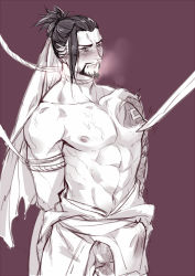 Rule 34 | 1boy, abs, bara, beard, blush, brothers, bulge, clenched teeth, facial hair, genji (overwatch), hanzo (overwatch), male focus, monochrome, muscular, nipples, overwatch, overwatch 1, pectorals, restrained, rope, siblings, solo, solo focus, steam, sword, teeth, weapon, yaoi