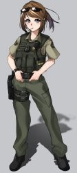 Rule 34 | 1girl, absurdres, bad id, bad twitter id, black footwear, blouse, blue eyes, brown hair, brown shirt, bulletproof vest, candy, closed mouth, collared shirt, commentary, eyewear on head, facing viewer, food, full body, grey background, grey pants, grey shirt, gun, hair ornament, hand on belt, handgun, highres, holster, holstered, korean commentary, lollipop, long hair, looking at viewer, metro (jbcman0198), pants, patch, pistol, police, police uniform, policewoman, shadow, sheriff, sheriff badge, shirt, shoes, short sleeves, sidelocks, simple background, solo, standing, sunglasses, thigh strap, uniform, united states, walkie-talkie, watch, weapon
