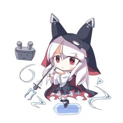 Rule 34 | 1girl, :&lt;, :3, absurdres, animal hat, azur lane, black cape, black footwear, black hat, black skirt, cannon, cape, closed mouth, commentary request, erebus (azur lane), gloves, hair between eyes, hat, highres, holding, jixiru/jyll, long hair, long sleeves, red eyes, shirt, shoes, silver hair, simple background, skirt, solo, standing, standing on one leg, striped clothes, striped thighhighs, thighhighs, torn cape, torn clothes, torn hat, turret, white background, white gloves, white shirt, wide sleeves