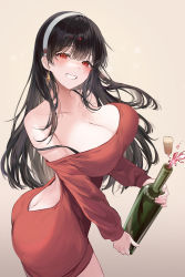 Rule 34 | 1girl, absurdres, ass, back cutout, bare shoulders, black hair, blush, bottle, breasts, butt crack, clothing cutout, collarbone, cork, cowboy shot, dress, earrings, grin, hairband, highres, holding, holding bottle, jewelry, large breasts, lillly, long hair, looking at viewer, off shoulder, red eyes, sidelocks, smile, solo, spy x family, sweater, sweater dress, teeth, white hairband, wine bottle, yor briar