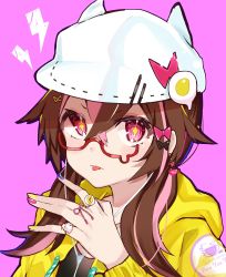 Rule 34 | 1girl, animal ears, bow, brown hair, cabbie hat, commentary request, crossed bangs, diamond-shaped pupils, diamond (shape), drawstring, earrings, fake animal ears, felnemo, glasses, hair between eyes, hair bow, hand up, hat, highres, jacket, jewelry, lightning bolt symbol, long hair, long sleeves, looking at viewer, multicolored hair, multicolored nails, nail polish, open clothes, open jacket, original, pink background, pink eyes, pink hair, red-framed eyewear, ring, semi-rimless eyewear, sidelocks, solo, streaked hair, symbol-shaped pupils, tongue, tongue out, two-tone hair, under-rim eyewear, upper body, white hat, yellow jacket