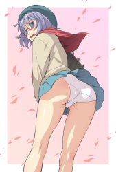 Rule 34 | 10s, 1girl, ass, blue eyes, blunt bangs, blush, clothes lift, embarrassed, from behind, from below, glasses, gluteal fold, hat, kneepits, kouda tomohiro, lingerie, log horizon, looking back, miniskirt, open mouth, panties, petals, purple hair, skirt, skirt lift, solo, underwear, upskirt, white panties, wind, wind lift