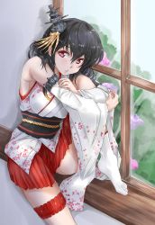 Rule 34 | 10s, 1girl, bare shoulders, black hair, blush, breasts, detached sleeves, floral print, hair ornament, highres, kantai collection, light blush, looking at viewer, medium breasts, nontraditional miko, red eyes, short hair, sitting, sitting in window, solo, tabi, thigh strap, tororo ten, wide sleeves, window, yamashiro (kancolle), yamashiro kai ni (kancolle)