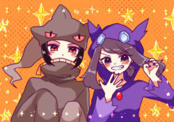 Rule 34 | banette, banette (cosplay), black hair, blue eyes, bow, brendan (pokemon), brown hair, cosplay, covered mouth, creatures (company), fang, fingernails, flat chest, game freak, gen 3 pokemon, grin, hibikileon, long sleeves, looking at viewer, may (pokemon), medium hair, nail polish, nintendo, orange background, pokemon, pokemon adventures, polka dot, polka dot bow, purple nails, red eyes, sableye, sableye (cosplay), sleeves past wrists, smile, star (symbol), starry background, twintails, upper body