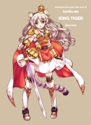 Rule 34 | 1girl, acea4, animal ears, armor, cape, cat ears, cat tail, cross, crown, iron cross, military, military vehicle, mini crown, motor vehicle, original, personification, solo, sword, tail, tank, tiger ii, weapon