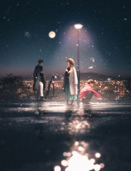 Rule 34 | 1girl, 2boys, blurry, blurry background, blurry foreground, brown hair, city, city lights, coat, commentary request, high heels, highres, jacket, lamppost, long hair, long skirt, looking afar, looking at another, moon, multiple boys, night, night sky, original, outdoors, railing, short hair, skirt, sky, snowing, squatting, tamaki (tamaki illust), tree, wide shot
