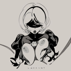 Rule 34 | 1boy, 1girl, 2b (nier:automata), absurdres, blindfold, breasts, breasts out, feather-trimmed sleeves, feather trim, gloves, grey background, greyscale, hairband, hetero, highres, lenalet, monochrome, nier:automata, nier (series), open mouth, paizuri, penis, puffy sleeves, saliva, saliva trail, short hair, simple background, teeth, tongue, upper teeth only, veins, veiny penis