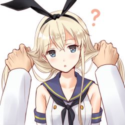 Rule 34 | 1girl, ?, bad id, bad pixiv id, blonde hair, blue eyes, blue sailor collar, bunching hair, crop top, dated, elbow gloves, gloves, holding, holding hair, kantai collection, kurage1, long hair, looking at viewer, low twintails, pov, pov hands, sailor collar, shimakaze (kancolle), simple background, solo focus, twintails, twitter username, upper body, white background, white gloves