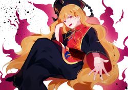 Rule 34 | 1girl, :d, aura, blonde hair, dress, hat, highres, junko (touhou), long hair, open hand, open mouth, red eyes, revision, sash, shuukenyuu, smile, solo, tabard, touhou, very long hair