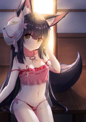 Rule 34 | 1girl, absurdres, animal ear fluff, animal ears, arm up, azur lane, brown eyes, camisole, crop top, fox ears, fox tail, hand in own hair, highres, jewelry, long hair, lowleg, lowleg panties, mask, mask on head, nagato-chan, nagato (azur lane), nagato (great fox&#039;s respite) (azur lane), navel, necklace, panties, red camisole, red panties, see-through, side-tie panties, sitting, smile, solo, strap slip, tail, thighs, underwear, underwear only, very long hair