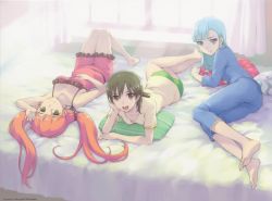 Rule 34 | 10s, 3girls, absurdres, barefoot, bed, brown eyes, brown hair, feet, fin e ld si laffinty, highres, kyouno madoka, long hair, looking at viewer, lying, morisawa haruyuki, muginami, multiple girls, on back, on bed, on side, on stomach, orange hair, pajamas, pillow, purple eyes, rinne no lagrange, smile, soles, toes, twintails, upside-down, yellow eyes