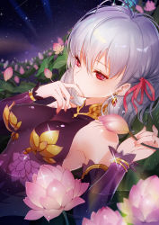 Rule 34 | 1girl, bare shoulders, blurry, breasts, commentary request, depth of field, detached sleeves, dress, earrings, fate/grand order, fate (series), field, flower, flower field, hair between eyes, hair ribbon, halterneck, highres, jewelry, kama (fate), kama (first ascension) (fate), lotus, lying, medium breasts, night, night sky, on back, purple dress, red eyes, ribbon, sai ichirou, short hair, silver hair, sky, solo, sparkle, star (sky), starry sky