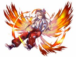 Rule 34 | 1girl, absurdres, amamitsu kousuke, bad id, bad twitter id, bow, fiery wings, fire, fujiwara no mokou, full body, grin, hair bow, hand in pocket, highres, long hair, long sleeves, looking at viewer, ofuda, pants, red bow, red eyes, red pants, shirt, shoes, silver hair, simple background, smile, solo, suspenders, torn clothes, torn shirt, touhou, very long hair, white background, white shirt, wing collar
