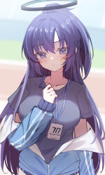 Rule 34 | 1girl, blue archive, blue eyes, blue hair, blue jacket, blurry, blurry background, blush, commentary, halo, hand up, highres, jacket, jacket partially removed, kiriii, long hair, long sleeves, looking at viewer, mechanical halo, official alternate costume, outdoors, ponytail, short sleeves, solo, star sticker, sticker on face, sweat, upper body, yuuka (blue archive), yuuka (track) (blue archive)