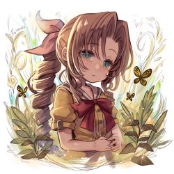 Rule 34 | 1girl, aerith gainsborough, aged down, bow, brown hair, bug, butterfly, curly hair, final fantasy, final fantasy vii, final fantasy vii remake, fujimaru (green sparrow), green eyes, hair ribbon, insect, own hands together, parted bangs, pink ribbon, plant, ponytail, puffy sleeves, red bow, ribbon, ringlets, sailor collar, sidelocks, solo, square enix, upper body
