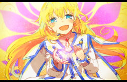 Rule 34 | 1girl, :d, blonde hair, blue eyes, blush, colette brunel, collarbone, gem, hair between eyes, hand on own chest, hands up, jewelry, long hair, looking at viewer, nakariku, neck ring, open mouth, pink wings, smile, solo, tales of (series), tales of symphonia, upper body, wings