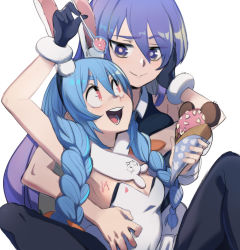 Rule 34 | 2girls, :d, animal ears, arms up, bare arms, black gloves, black pantyhose, blue hair, boku no pico, braid, breasts, commentary, don-chan (usada pekora), eye contact, food, gloves, hair between eyes, hand on another&#039;s cheek, hand on another&#039;s face, highres, holding, holding food, holding ice cream, holding spoon, hololive, hololive indonesia, ice cream, ice cream cone, leotard, looking at another, moona hoshinova, multiple girls, open mouth, pantyhose, parody, pun, purple eyes, purple hair, rabbit ears, raised eyebrow, red eyes, romaji commentary, round teeth, sho-n-d, simple background, small breasts, smile, spoon, teeth, twin braids, upper teeth only, usada pekora, usada pekora (1st costume), virtual youtuber, white background, white leotard, yuri