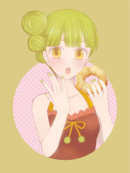 Rule 34 | 1girl, blunt bangs, blush, doughnut, food, green hair, green nails, halterneck, jojon, looking at viewer, mister donut, nail polish, open mouth, personification, pon de kokutou, pon de ring, simple background, solo, upper body, yellow eyes