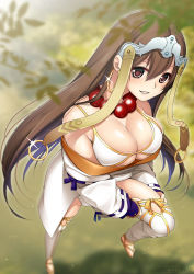 Rule 34 | 1girl, bare shoulders, beads, breasts, earrings, fate/grand order, fate (series), from above, hoop earrings, jewelry, long hair, medium breasts, prayer beads, smile, solo, suzuki nene, thighs, xuangzang sanzang (fate)