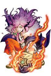 Rule 34 | 1boy, ball, bracelet, facial tattoo, fire, flower, flower necklace, fur trim, highres, jewelry, jiminci, jpeg artifacts, kneeling, long hair, looking at viewer, male focus, mouth hold, necklace, official art, on one knee, one eye closed, orange pants, pants, pink hair, rose, sidelocks, smirk, soccer ball, soccer spirits, tattoo, teardrop, transparent background, zibroi (soccer spirits)