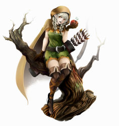 Rule 34 | 1girl, apple, arrow (projectile), bare tree, belt, boots, bow (weapon), braid, cloak, dragon&#039;s crown, elf, elf (dragon&#039;s crown), food, fruit, gloves, highres, open mouth, orange eyes, pointy ears, quiver, shorts, simple background, sitting, solo, ten (k1208), thigh boots, thighhighs, tree, twin braids, weapon, white hair