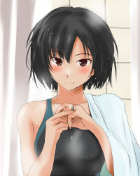 Rule 34 | 1girl, amagami, black eyes, black hair, blush, competition swimsuit, jewelry, looking at viewer, murasaki iro, nanasaki ai, one-piece swimsuit, revision, ring, short hair, smile, solo, swimsuit, towel, wet