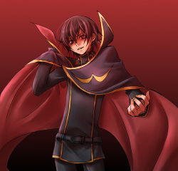 Rule 34 | 1boy, belt, black hair, buckle, cape, code geass, geass, lelouch vi britannia, looking at viewer, lowres, male focus, mecco, red background, shaded face, simple background, solo