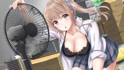Rule 34 | 1girl, :o, amazon (company), black bra, blush, box, bra, breasts, brown hair, cardboard box, cleavage, collarbone, dress shirt, electric fan, floating hair, furrowed brow, grey skirt, hazuki gyokuto, highres, indoors, lace, lace bra, large breasts, leaning forward, looking at viewer, open clothes, open shirt, original, parted lips, plaid, plaid skirt, pleated skirt, ponytail, purple eyes, ribbon, router, scrunchie, shirt, side ponytail, sidelocks, skirt, sleeves rolled up, solo, sweat, table, underwear, white shirt, wind