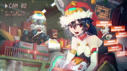 Rule 34 | 1girl, action, bare shoulders, christmas, elbow gloves, fur-trimmed headwear, fur trim, gloves, hair between eyes, hat, highres, looking at viewer, mar10, mecha, original, package, red hat, robot, santa costume, santa hat, science fiction, solo, vhs artifacts, white gloves