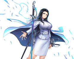 Rule 34 | 1girl, absurdres, belt, black hair, blue eyes, breasts, cloak, closed mouth, collared shirt, cowboy shot, highres, invincible dragon (last origin), large breasts, last origin, long hair, looking at viewer, pencil skirt, shirt, skirt, solo, soystar, standing, sword, weapon, white background, white belt, white shirt, white skirt