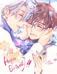 Rule 34 | 2boys, ^ ^, black hair, blush, closed eyes, etou kira, closed eyes, glasses, hands on another&#039;s face, happy birthday, katsuki yuuri, male focus, multiple boys, open mouth, scarf, shared clothes, shared scarf, silver hair, smile, snowflakes, viktor nikiforov, yaoi, yuri!!! on ice