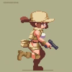 Rule 34 | 1girl, animated, artist name, belt, boots, breasts, brown footwear, brown hair, brown hat, brown jacket, brown shorts, fio germi, from side, glasses, gun, handgun, hat, holding, holding gun, holding weapon, jacket, knee pads, large breasts, looping animation, metal slug, open clothes, open jacket, pixel art, ponytail, running, sakuemon, shirt, shorts, simple background, solo, tank top, video, weapon, white shirt, white tank top