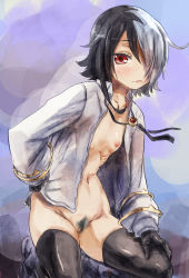 Rule 34 | 1girl, absurdres, bad id, bad pixiv id, black hair, black thighhighs, brave dungeon, breasts, female pubic hair, flat chest, hair over one eye, hand on own hip, highres, looking at viewer, majin shoujo, multicolored hair, navel, nipples, open clothes, open shirt, pubic hair, pussy, red eyes, ribs, shirt, small breasts, solo, streaked hair, thighhighs, uncensored, white hair, yohane, zizou olympia