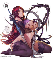Rule 34 | 1girl, armor, artist name, borrowed character, breasts, covered erect nipples, female focus, gauntlets, gtunver, helmet, highres, lace, lace-trimmed legwear, lace trim, large breasts, legs, lips, long hair, navel, original, red hair, simple background, sitting, solo, sword, thighhighs, thighs, thorns, underboob, wariza, warrior, weapon, yellow eyes