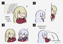 Rule 34 | ..., 2girls, ?, ^ ^, assault lily, blanket, blanket grab, blonde hair, blunt bangs, braid, brown sailor collar, chibi, closed eyes, comic, covered face, cup, eighth note, grabbing, grey background, grey hair, hair ribbon, hand to own mouth, hand up, hands up, hiding, highres, holding, holding cup, holding weapon, implied kiss, kabayaki (kabayaki eel), kanba girls high school uniform, kiss day, kon kanaho, long sleeves, looking at another, miyagawa takane, mug, multiple girls, musical note, necktie, no mouth, notice lines, peeking out, pointing, pointing at self, profile, projected inset, purple ribbon, red shirt, ribbon, sailor collar, school uniform, serafuku, shirt, short necktie, side braid, simple background, solid oval eyes, translated, twitter username, under covers, weapon, white necktie, yuri