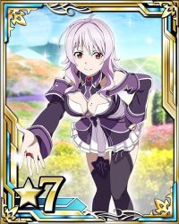 Rule 34 | 10s, 1girl, black thighhighs, breasts, card (medium), cleavage, day, field, flower, flower field, hand on own hip, jewelry, large breasts, leaning forward, long hair, looking at viewer, mole, mole on breast, outdoors, pleated skirt, purple hair, red eyes, ring, skirt, solo, strea (sao), sword art online, thighhighs, white skirt
