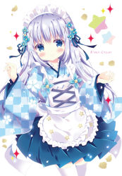 Rule 34 | 1girl, apron, artist name, bitter crown, blue eyes, blue flower, blue kimono, blue ribbon, blue skirt, blush, checkered clothes, checkered kimono, closed mouth, commentary request, fingernails, flower, frilled apron, frills, gochuumon wa usagi desu ka?, hair flower, hair ornament, hair ribbon, hands up, japanese clothes, kafuu chino, kimono, leaning to the side, long hair, long sleeves, looking at viewer, maid, maid headdress, pleated skirt, purple hair, ribbon, short kimono, simple background, skirt, smile, solo, sparkle, star (symbol), thighhighs, unmoving pattern, very long hair, wa maid, waist apron, white apron, white background, white thighhighs, wide sleeves, x hair ornament