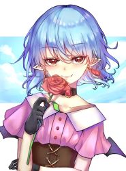 Rule 34 | 1girl, arm up, bat wings, black choker, black gloves, blue hair, blue sky, brooch, choker, cloud, collarbone, commentary, crossed arms, dangle earrings, earrings, fangs, fangs out, flower, gloves, hair between eyes, holding, holding flower, jewelry, leaning to the side, light blush, no headwear, pink shirt, pointy ears, red flower, red rose, redscythe, remilia scarlet, rose, shirt, short hair, short sleeves, sky, smile, solo, standing, touhou, underbust, upper body, wings