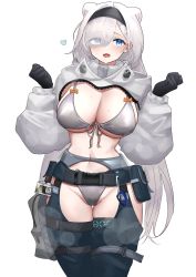 Rule 34 | 1girl, 360 (taiyo360), absurdres, animal ears, arknights, aurora (arknights), bear ears, belt, bikini, black gloves, black hairband, blue eyes, blush, breasts, chaps, commentary request, cowboy shot, fang, front-tie bikini top, front-tie top, gloves, grey bikini, grin, hair over one eye, hairband, hands up, highres, infection monitor (arknights), large breasts, lens flare, long hair, long sleeves, looking at viewer, navel, open mouth, partial commentary, pouch, shrug (clothing), simple background, skin fang, smile, solo, standing, stomach, swimsuit, thighs, very long hair, white background, white hair