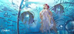 Rule 34 | agas (vpwt7475), air bubble, alchemy stars, aquarium, aquarium tunnel, bikini, blonde hair, blurry, blurry foreground, bubble, character request, closed mouth, detached sleeves, dolphin, feet out of frame, fish, highres, light, long hair, multicolored hair, navel, red hair, see-through, see-through shirt, see-through sleeves, smile, standing, swimsuit, tropical fish, twintails, two-tone hair, very long hair, water, white bikini
