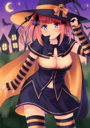 Rule 34 | &gt;:), 1girl, black ribbon, blue eyes, blunt bangs, breasts, butterfly hair ornament, cleavage, detached sleeves, floating cape, go-toubun no hanayome, hair ornament, halloween, hat, highres, hofumaso, large breasts, nakano nino, navel, pink hair, ribbon, striped clothes, striped thighhighs, thighhighs, twintails, v-shaped eyebrows, witch, witch hat, zettai ryouiki