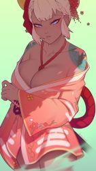 Rule 34 | 1girl, blue eyes, braid, breasts, cleavage, cowboy shot, flower, green background, hair flower, hair ornament, highres, holding, holding sword, holding weapon, japanese clothes, jewelry, katana, kimono, large breasts, long sleeves, looking at viewer, necklace, original, parted lips, pink kimono, razalor, short kimono, shoulder tattoo, solo, standing, sword, tattoo, twitter username, weapon, white hair