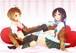 Rule 34 | 2girls, bare shoulders, black hair, black socks, blue thighhighs, bra, brown eyes, brown hair, unworn clothes, dotted line, feet, foot on shoulder, heart, holding another&#039;s foot, kneehighs, lingerie, long hair, mina m, mochizuki mina, multiple girls, nail polish, no shoes, off shoulder, open clothes, open mouth, open shirt, original, pillow, plaid, plaid skirt, shirt, short hair, skirt, smile, socks, thighhighs, underwear