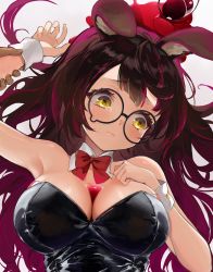 Rule 34 | 1girl, absurdres, animal ears, blush, bow, bowtie, breasts, brown hair, bust cup, cleavage, closed mouth, cup, detached collar, drinking glass, glasses, highres, holding another&#039;s wrist, hololive, large breasts, leotard, long hair, looking away, playboy bunny, purple hair, rabbit ears, red bow, red bowtie, roboco-san, round eyewear, solo focus, tearing up, upper body, virtual youtuber, wellsy, wine glass, wrist cuffs, yellow eyes